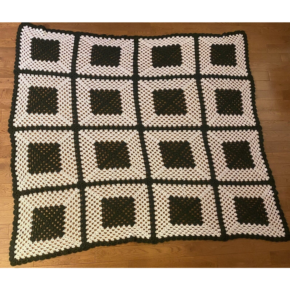 Vintage Large Hancrafted Granny Square Crochet Blanket Afghan Green White Off Wh